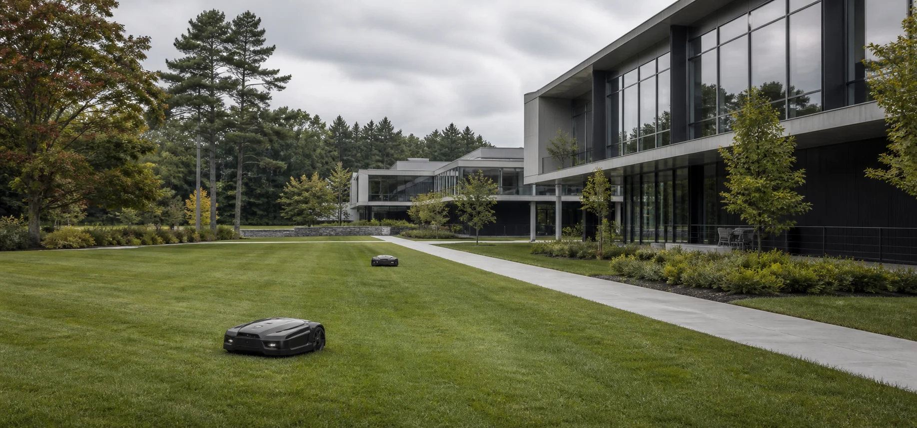 Autonomous mower working beside a modern commercial building