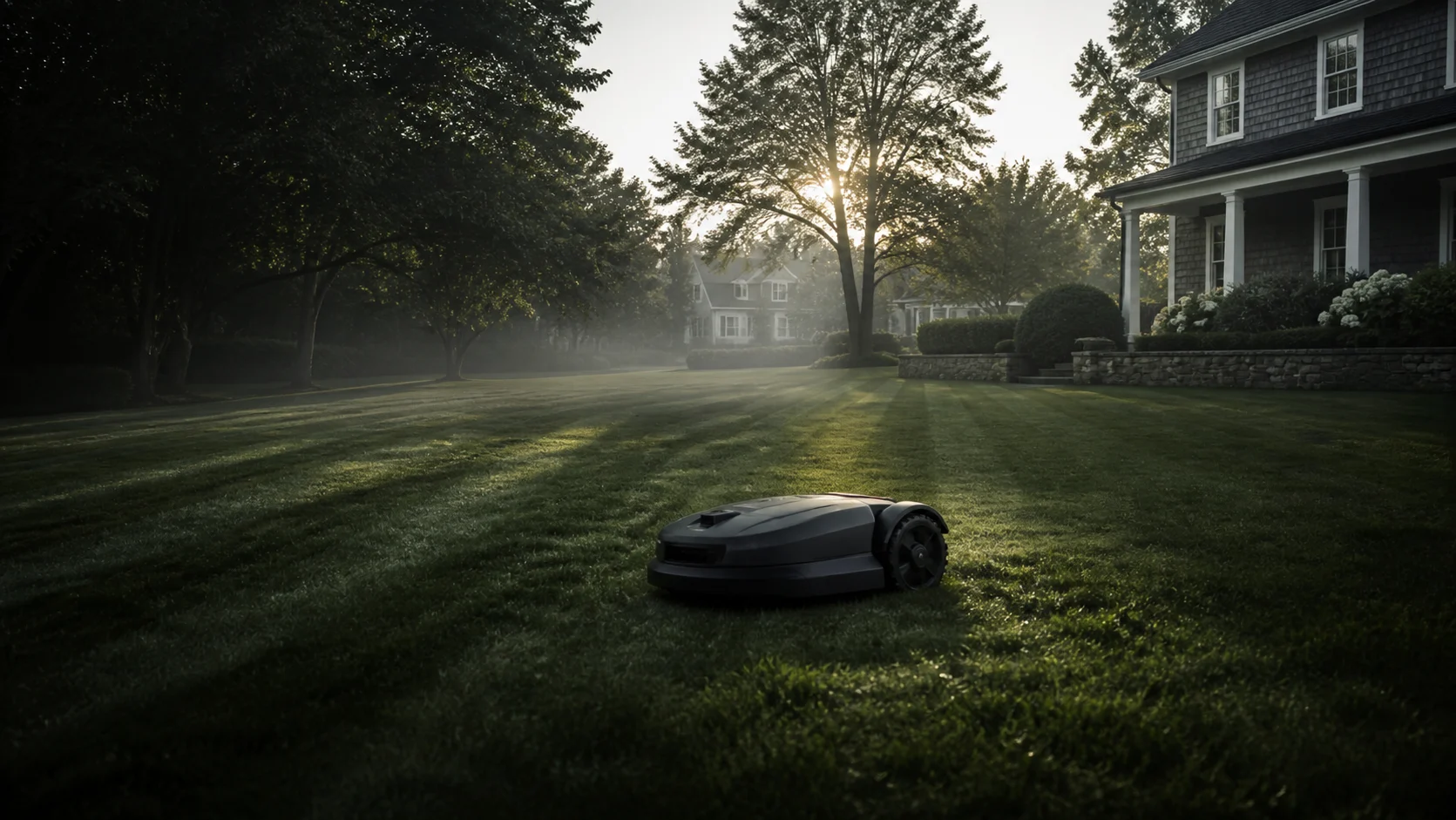 Autonomous mower moving across a landscaped green space