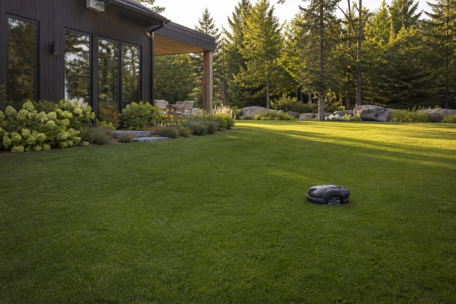 Autonomous mower moving across a residential lawn