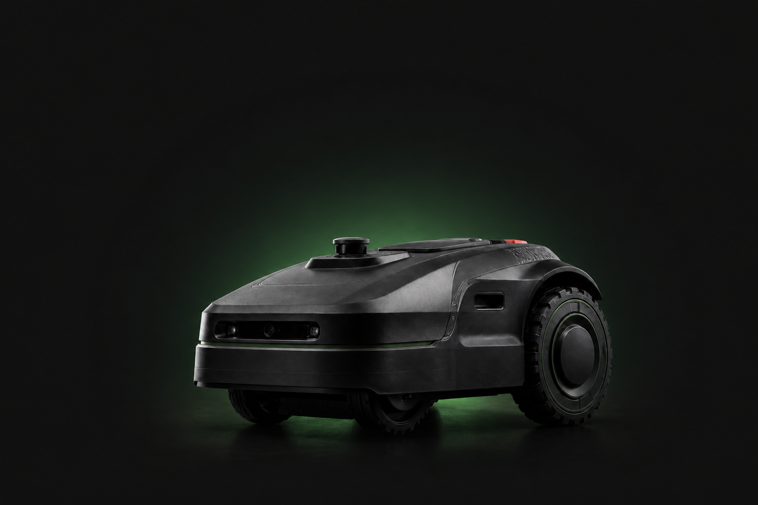 Photorealistic autonomous mower in a dark studio with a restrained green glow